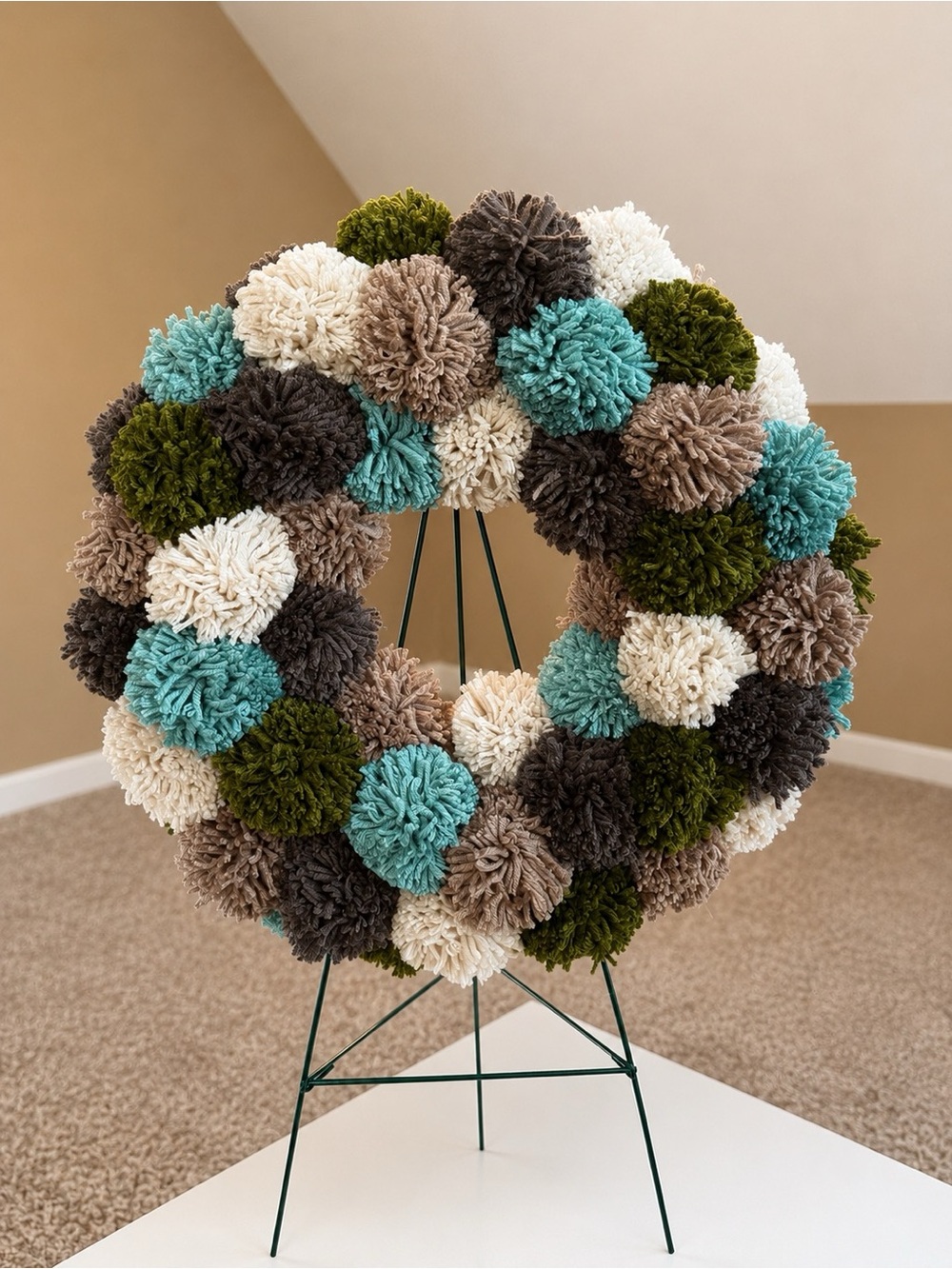 Hand Crafted Pom-Pom Wreath in Teal, Olive, Cream, Taupe, Charcoal